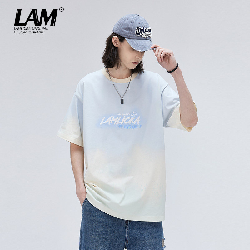 LAMLICKA夏季扎染渐变蓝色纯棉短袖T恤男潮牌宽松情侣装半袖上衣