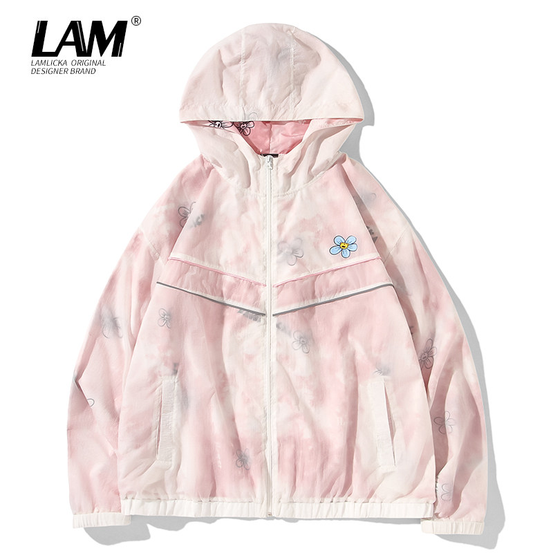 粉色小雏菊印花双层防晒衣服男潮牌情侣夹克外套超薄款透气皮肤衣