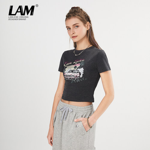 LAMLICKA字母卡通圆领短袖T恤男