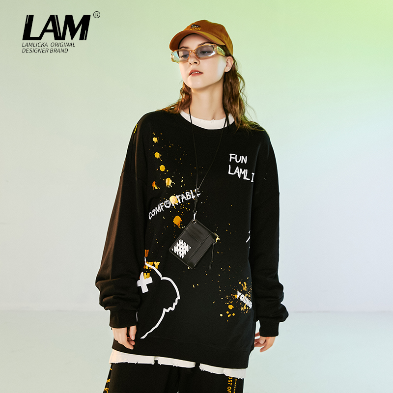LAMLICKA烫金熊猫圆领卫衣男春秋季潮牌纯棉长袖情侣嘻哈宽松上衣