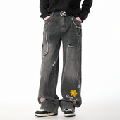 LAMLICKA黑色破洞阔腿牛仔裤 男秋冬潮牌复古水洗刺绣宽松休闲长裤