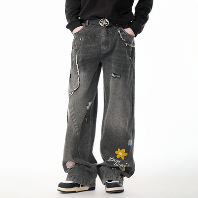 LAMLICKA复古破洞水洗阔腿牛仔裤