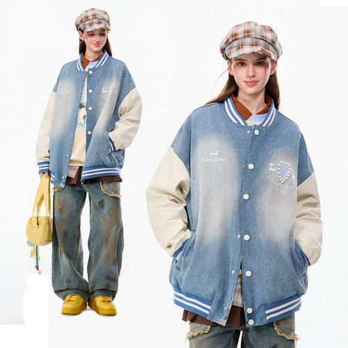 LAMLICKA钉珠水洗牛仔棒球服外套
