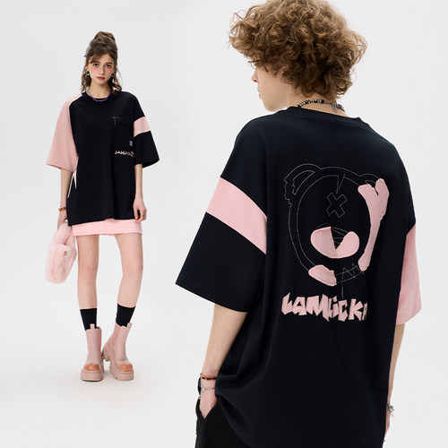 LAMLICKA撞色拼接粉黑短袖