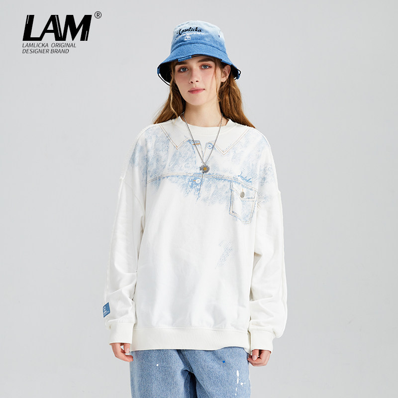 LAMLICKA国潮春季新款圆领卫衣扎染字母印花潮牌男女同款套头上衣