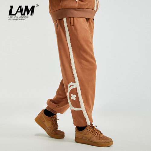 LAMLICKA麂皮绒拼接摇粒绒长裤