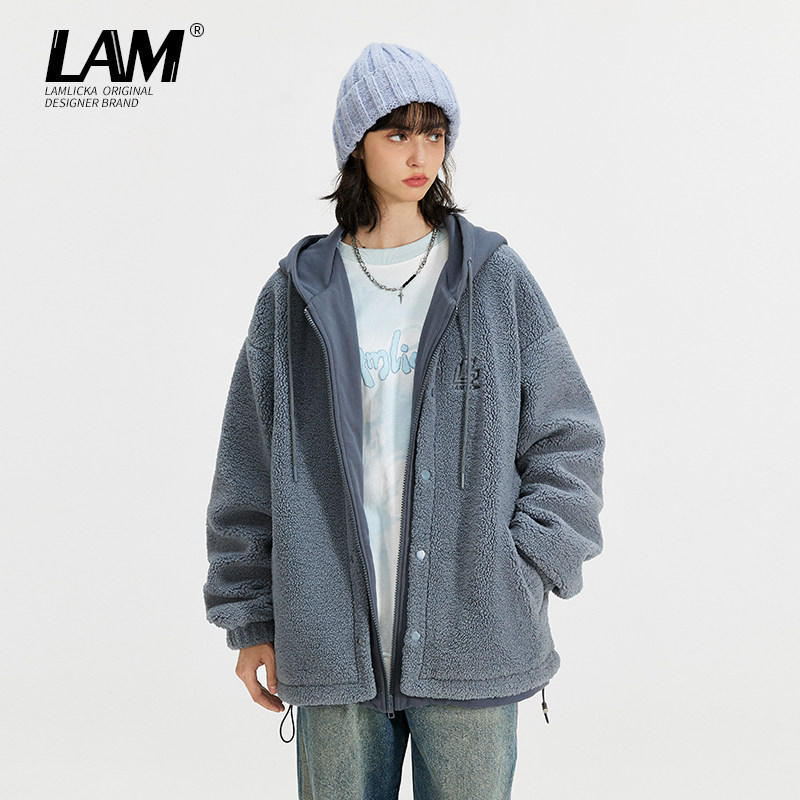 LAMLICKA美式羊羔绒情侣开衫连帽棉服oversize冬季保暖宽松外套