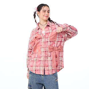 LAMLICKA粉色格子蝴蝶结衬衫 女设计感小众宽松慵懒风bf外套 长袖