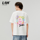 潮牌情侣半袖 LAMLICKA国潮手绘纯棉印花宽松白T恤短袖 男夏季 体恤