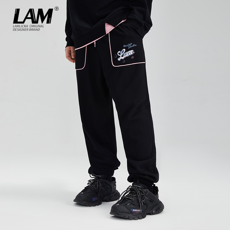 LAMLICKA字母刺绣拼色男潮宽松运动休闲束脚长裤早秋情侣潮牌卫裤