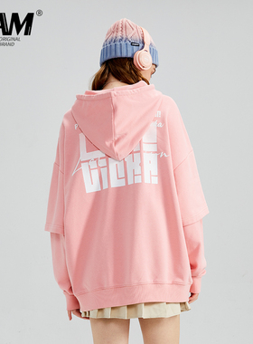 LAMLICKA lam日系粉色假两件套头廓形连帽卫衣女早秋宽松抽绳外套