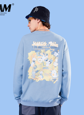 LAMLICKA lam国潮廓形印花男秋款圆领宽松情侣加绒加厚圆领卫衣潮