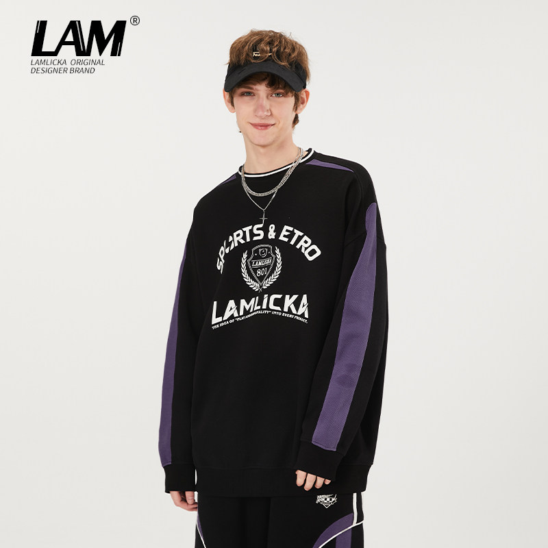 LAMLICKA字母拼接运动球衣圆领卫衣2024秋季新款男潮廓形上衣宽松