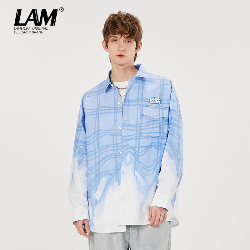 LAMLICKA扎染渐变长袖翻领衬衫男