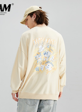 LAMLICKA LAM杏色日系潮牌卡通印花圆领卫衣男秋廓形宽松套头上衣