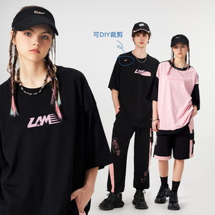 五分袖 简约字母情侣装 宽松 重磅T恤男美式 LAMLICKA创意DIY裁剪短袖