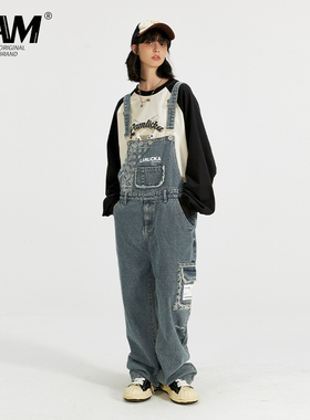 LAMLICKA杨博文同款秋冬复古蓝色牛仔背带裤女嘻哈直筒休闲裤潮牌