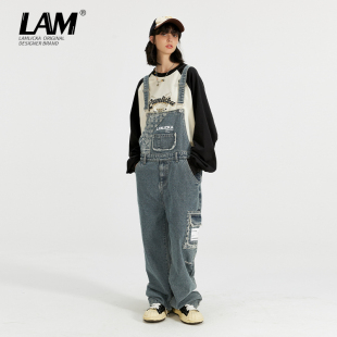 潮牌 女嘻哈直筒休闲裤 LAMLICKA杨博文同款 秋冬复古蓝色牛仔背带裤
