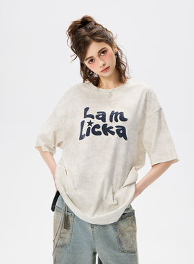 LAMLICKA晕染立体星星灰色短袖男女同款夏季潮牌美式复古宽松t恤