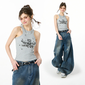 LICKA 百搭灰色内搭上衣可外穿 修身 GIRL美式 复古吊带背心女夏短款