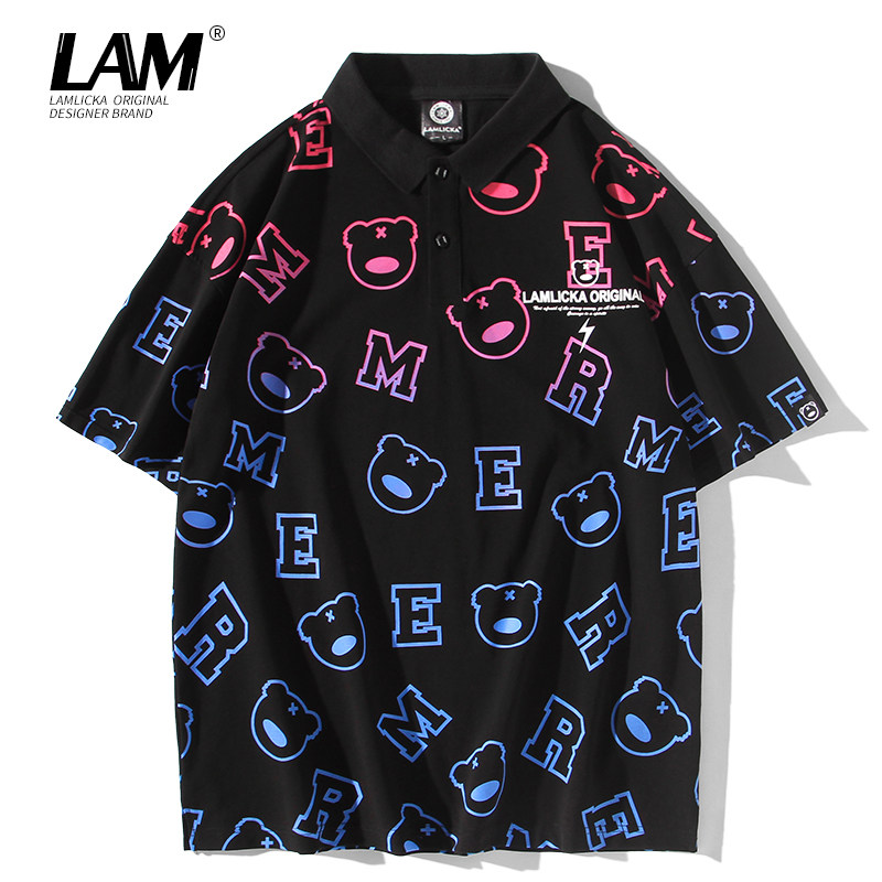 渐变色印花小熊猫保罗polo衫男夏季日系潮牌宽松翻领纯棉短袖t恤