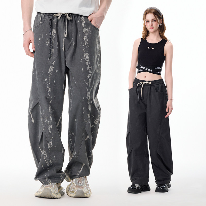 LAMLICKA美式复古做旧扎染机能伞兵裤男春秋宽松阔腿弯刀休闲裤女,男装,休闲裤,淘宝优惠券,粉丝福利购,淘宝优惠卷
