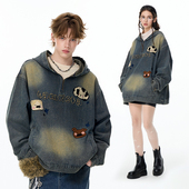 LAMLICKA蓝色美式 水洗半拉链牛仔外套男秋冬复古潮牌宽松连帽夹克