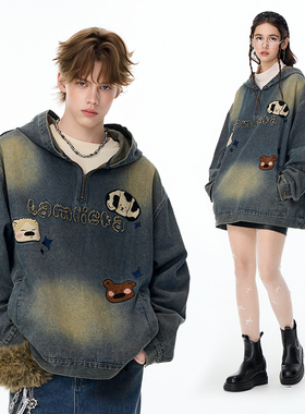 LAMLICKA蓝色美式水洗半拉链牛仔外套男秋冬复古潮牌宽松连帽夹克