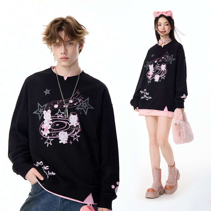 LAMLICKA黑色拼接假两件卫衣男冬季潮牌重磅加厚宽松圆领套头上衣,男装,卫衣,淘宝优惠券,粉丝福利购,淘宝优惠卷