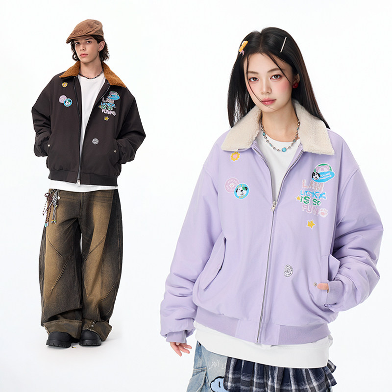 LAMLICKA可拆卸黑色毛领飞行夹克男秋冬巴恩风宽松短款开衫外套女,男装,夹克,淘宝优惠券,粉丝福利购,淘宝优惠卷