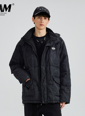 LAMLICKA LAM国潮满印小熊字母宽松连帽开衫棉服男廓形多口袋外套