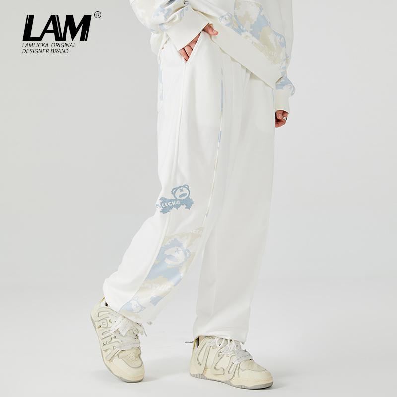 LAMLICKA国潮卡通白色束脚长裤春秋新款宽松休闲小脚休闲裤潮牌女