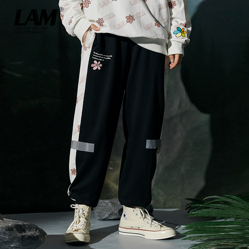 LAMLICKA潮牌ins小雏菊休闲长裤男春秋宽松大码运动束脚九分卫裤