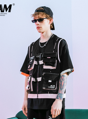 LAMLICKA小恶魔粉黑撞色机能工装马甲男潮无袖多口袋战术马夹背心