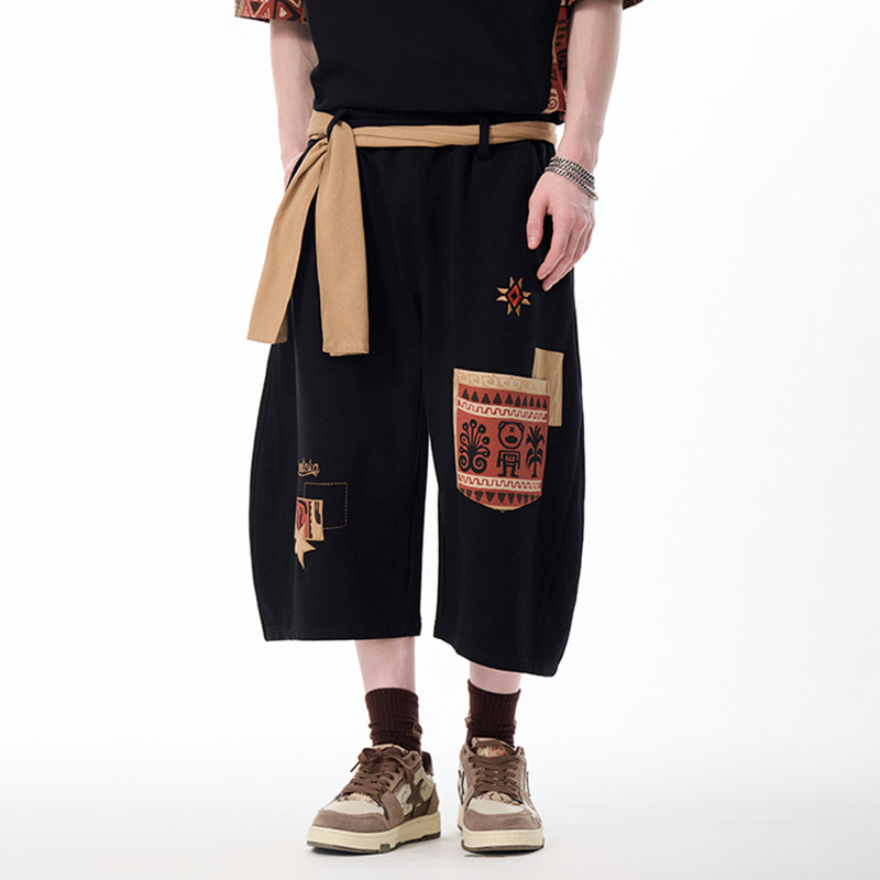 LAMLICKA拼接民族风黑色阔腿七分裤男夏季宽松直筒外穿休闲短裤女