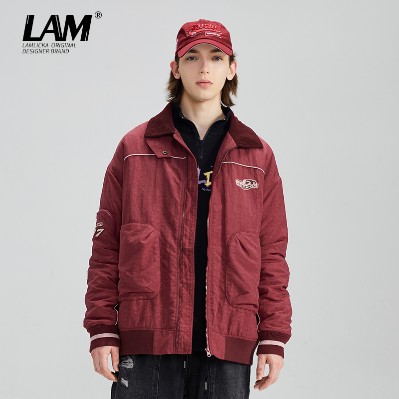 LAMLICKA美式复古秋冬酒红薄款棉服男潮撞色潮牌街头工装夹克外套