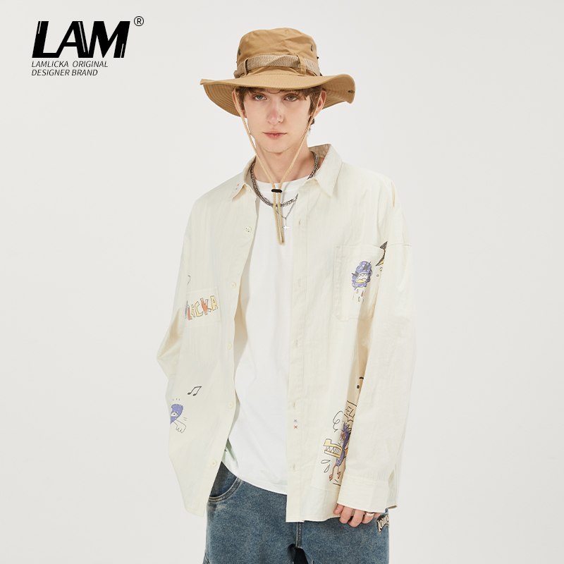 LAMLICKA涂鸦印花翻领衬衫长袖男