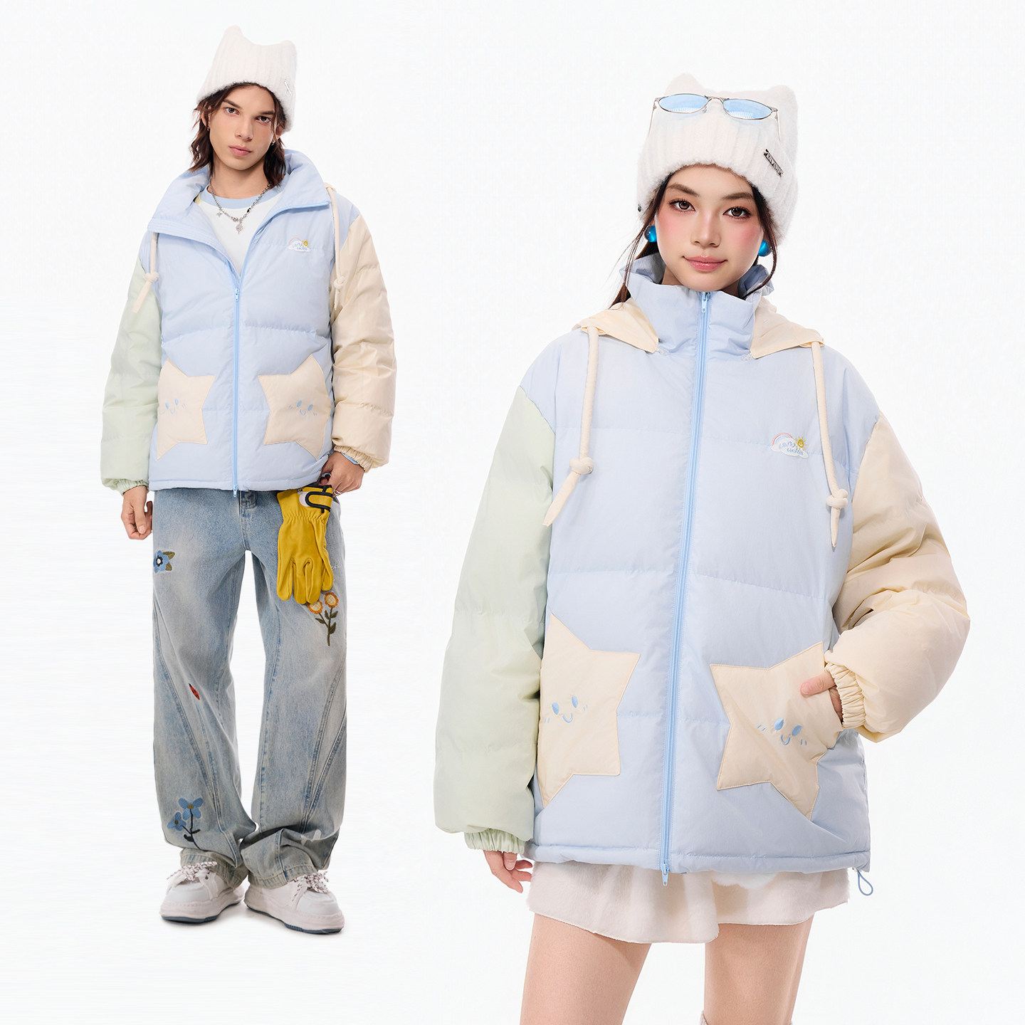 LAMLICKA拼接撞色连帽羽绒服男冬季蓝色宽松休闲多巴胺厚款外套女
