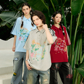 植物印花短袖 男夏季 polo衫 LAMLICKA卓沅同款 情侣装 复古宽松t恤女