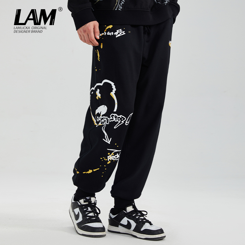 LAMLICKA烫金熊猫印花男休闲卫裤