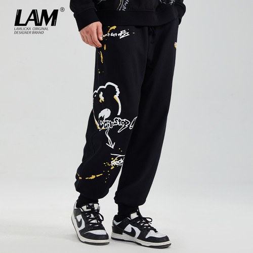 LAMLICKA烫金熊猫印花男休闲卫裤