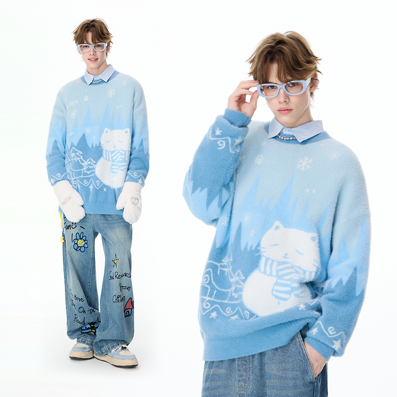 LAMLICKA蓝色可爱猫咪套头圆领毛衣男冬季保暖外穿宽松长袖针织衫