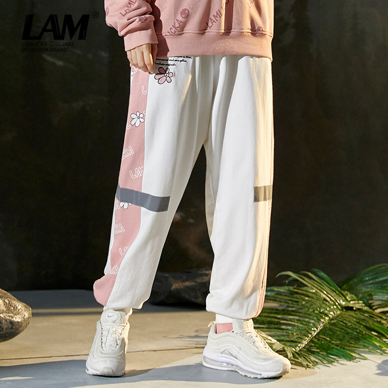lamlicka春秋宽松运动裤女ins潮小雏菊纯棉休闲大码情侣束脚卫裤