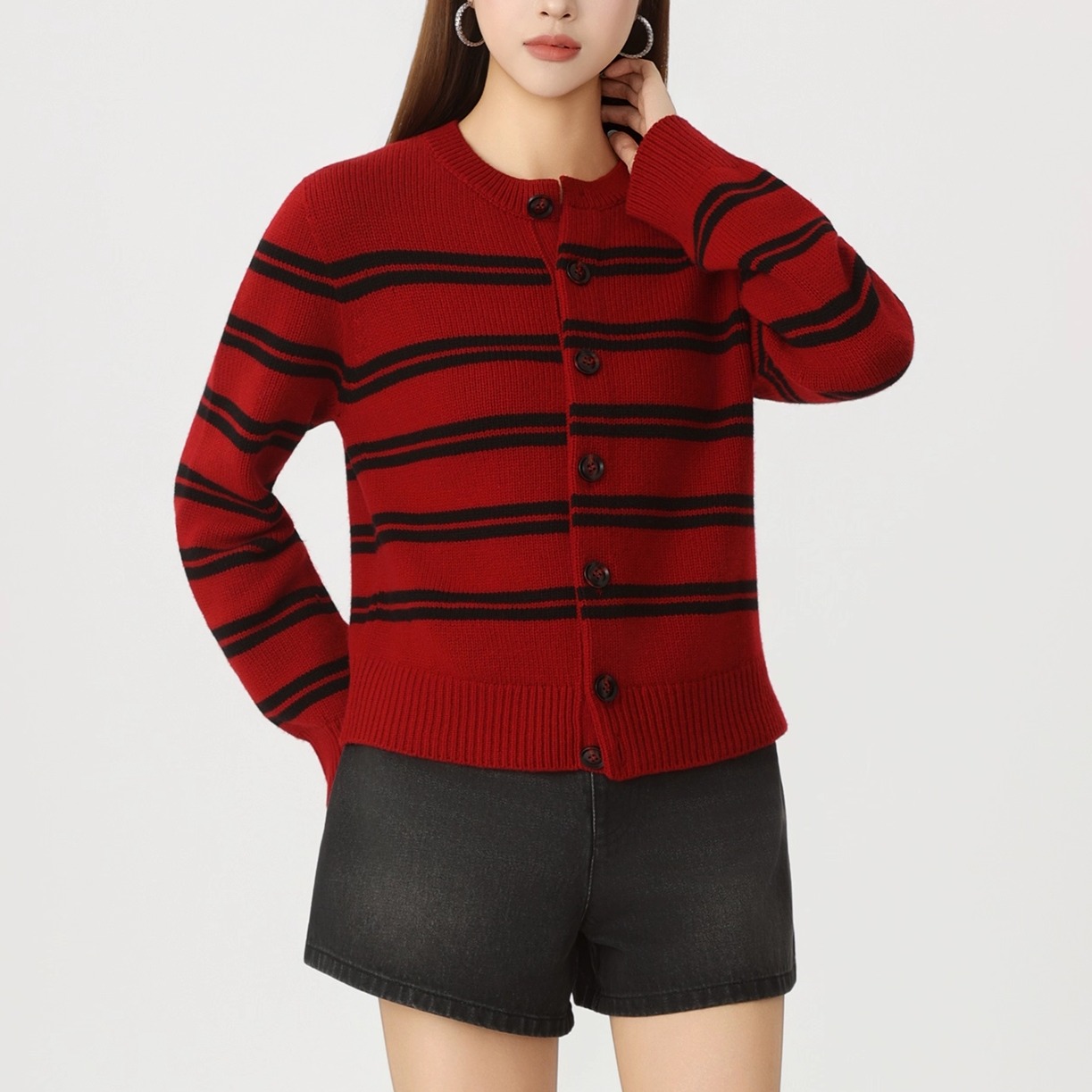 条纹撞色宽松单排扣针织开衫外套