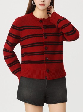 AMAS{专柜哥家}商场同款条纹撞色宽松单排扣针织开衫外套148037