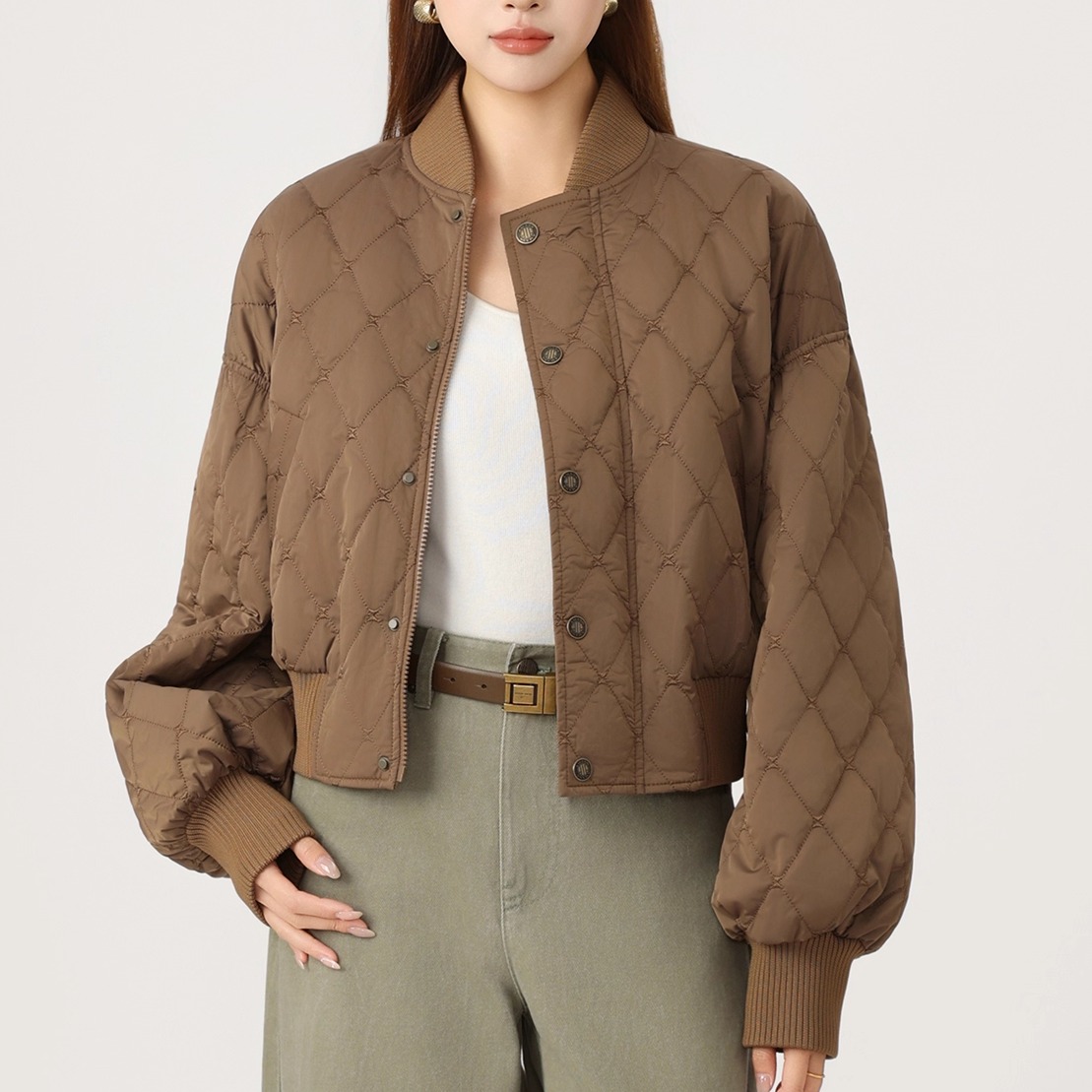 菱格纹棒球宽松立领棉服外套女