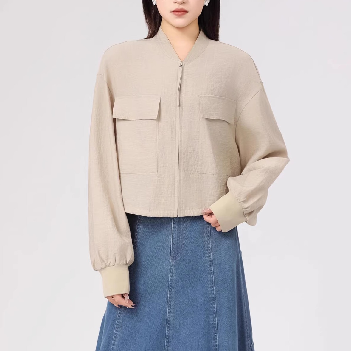 时尚立领拉链防晒长袖短款外套女