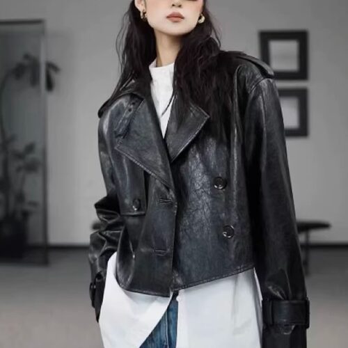 时尚英伦风双排扣皮衣短款外套女