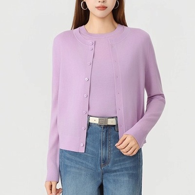 简约纯色圆领毛针织开衫毛衣外套