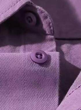 100%棉纯棉紫色复古衬衫女内搭中长款休闲显瘦长袖衬衣女防晒外套